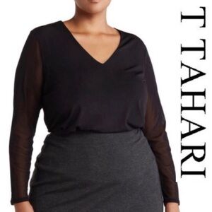 T-Tahari V-Neck Illusion Sleeve Blouse 2X